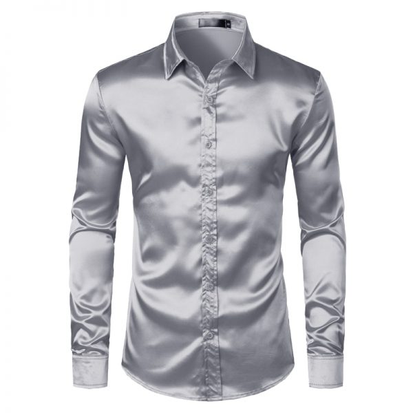 Men's Black Satin Luxury 2021 Silk Smooth Men Tuxedo Slim Fit Wedding Party Prom Casual Shirt Chemise Homme