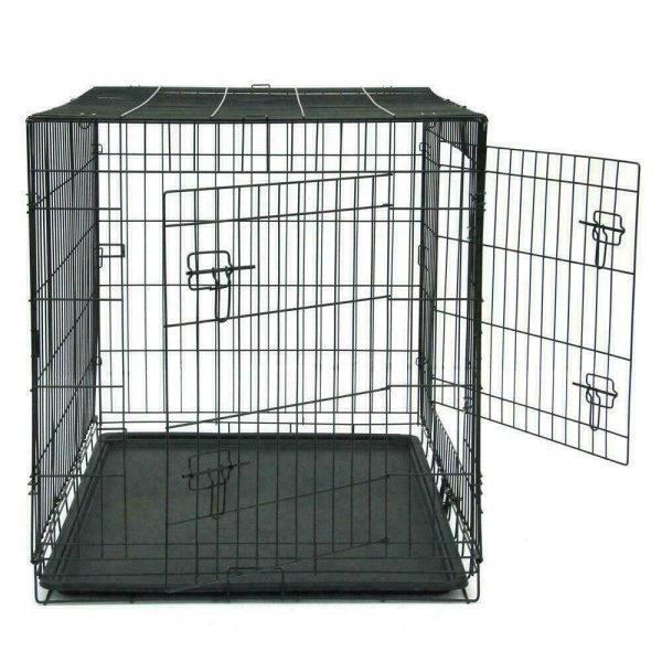 Black 24" Dog Crate Kennel Folding Metal Pet Cage 2 Door With Tray