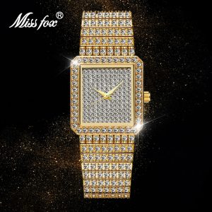 MISSFOX Women's Watches Gold Full Diamond Luxury Brand Square Bracelet Watch Popular Waterproof Quartz Ladies Wristwatch Gift