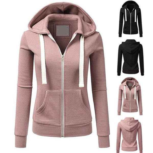 New Women Autumn Hoodies Long Sleeve Patchwork Sweatshirt Solid Color Hooded Zipper Casual Sport Coat