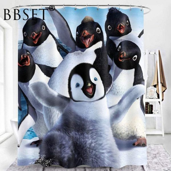 Penguin Family Shower Curtain Cartoon Funny Animals Pattern Waterproof Multi-size Douchegordijn Bathroom Decor with Hooks