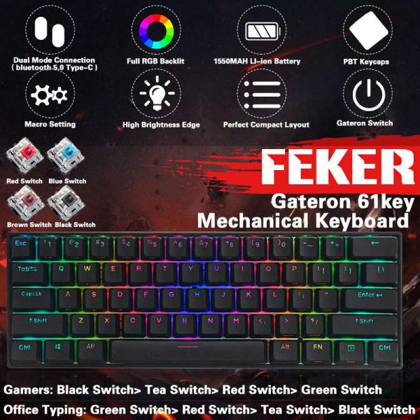 FEKER 61Keys bluetooth Dual Mode Mechanical Keyboard 1.68 million RGB Backlit Type-C Gaming Keyboard Gateron Switch