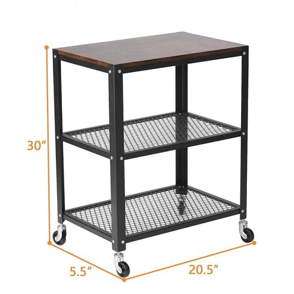 Modern Style Storage Rack with Wheels 3 Tiers Storage Shelf Steel Movable Shelf Display Rack, Black/Brown