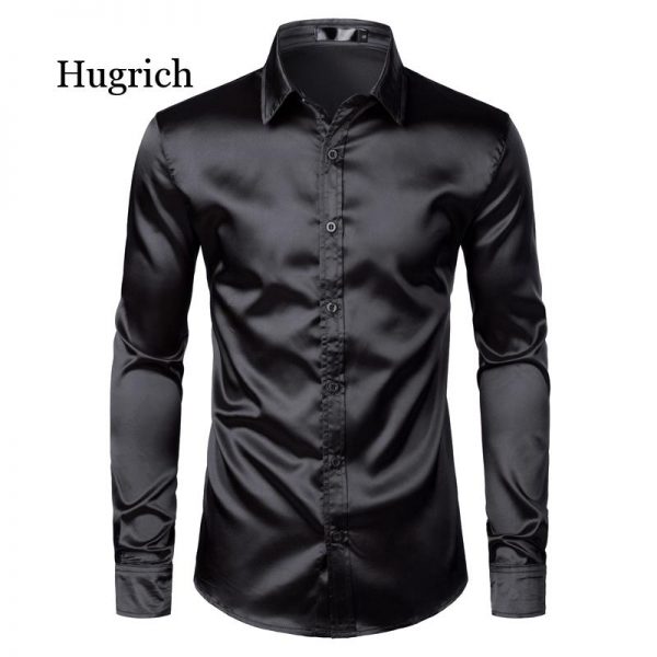 Men's Black Satin Luxury 2021 Silk Smooth Men Tuxedo Slim Fit Wedding Party Prom Casual Shirt Chemise Homme