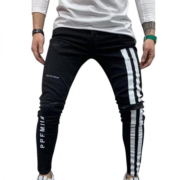 Laamei Trendy Men Skinny Jeans Biker Destroyed Frayed Fit Denim Ripped Denim Pants Side Stripe Pencil Pants Hip Streetwear