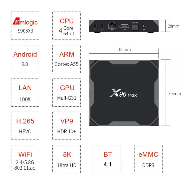 Android 9.0 TV BOX X96 MAX Plus 4GB 64GB 32GB Amlogic S905X3 Quad Core 8K Video Player Wifi 2.4/5G Smart TV Box X96 Max+