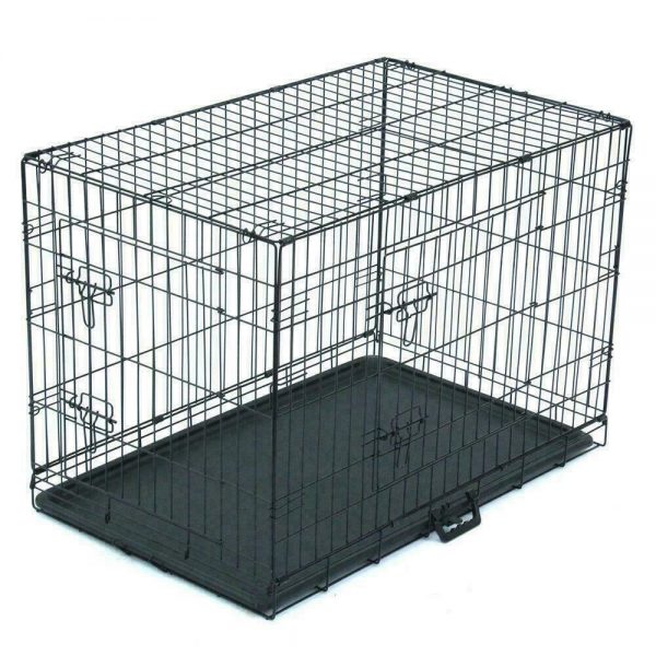 Black 24" Dog Crate Kennel Folding Metal Pet Cage 2 Door With Tray