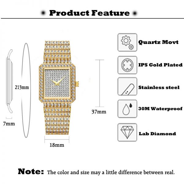 MISSFOX Women's Watches Gold Full Diamond Luxury Brand Square Bracelet Watch Popular Waterproof Quartz Ladies Wristwatch Gift