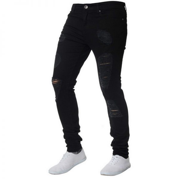 Oeak Mens Solid Color Jeans 2019 New Fashion Slim Pencil Pants Sexy Casual Hole Ripped Design Streetwear