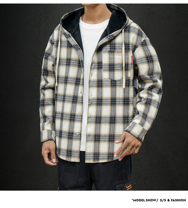 Winter 2021 New Original Plaid Japanese Casual Plaid Hooded with Fleece and Thickened Warm Shirt