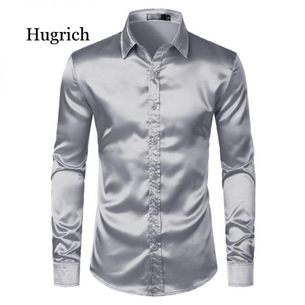 Men's Black Satin Luxury 2021 Silk Smooth Men Tuxedo Slim Fit Wedding Party Prom Casual Shirt Chemise Homme