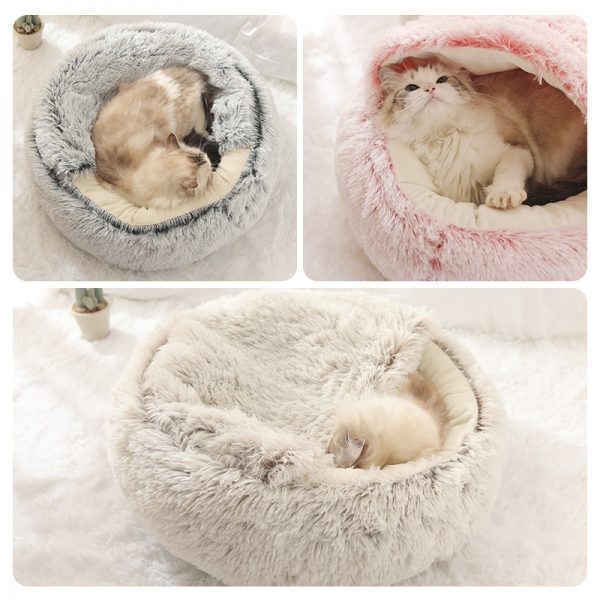 Hot Plush Round Cat Bed Cat Warm House Soft Long Plush Pet Dog Bed For Small Dogs Cat Nest 2 In 1 Pet Bed Cushion Sleeping Sofa