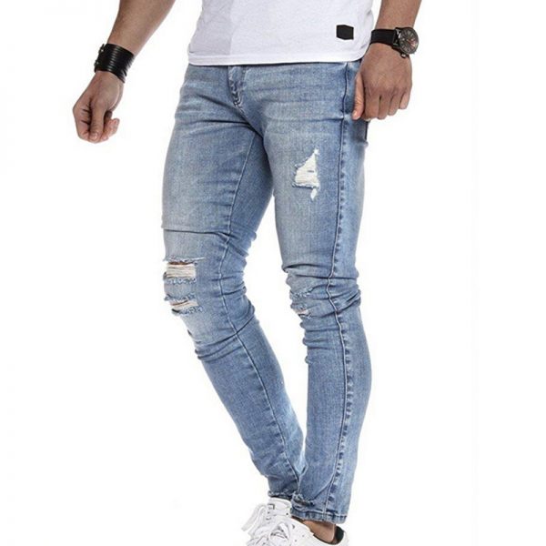 Laamei Trendy Men Skinny Jeans Biker Destroyed Frayed Fit Denim Ripped Denim Pants Side Stripe Pencil Pants Hip Streetwear