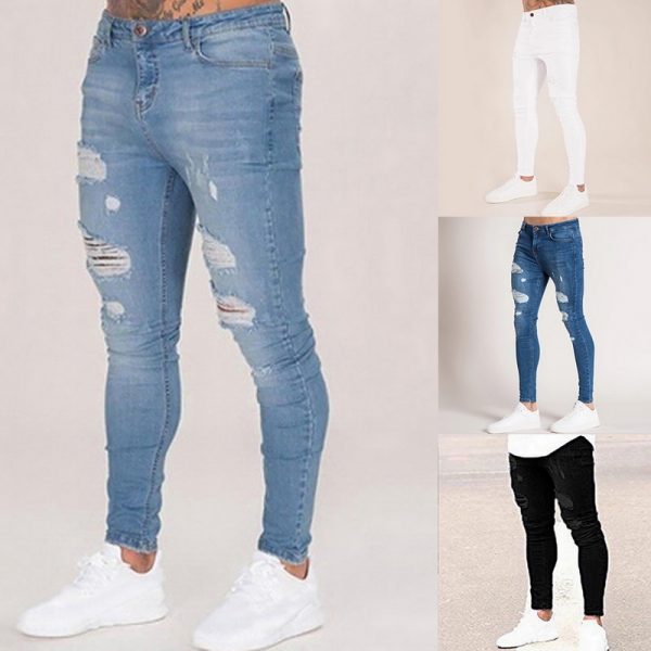 Oeak Mens Solid Color Jeans 2019 New Fashion Slim Pencil Pants Sexy Casual Hole Ripped Design Streetwear