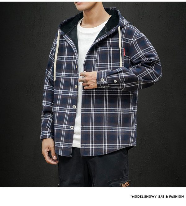 Winter 2021 New Original Plaid Japanese Casual Plaid Hooded with Fleece and Thickened Warm Shirt