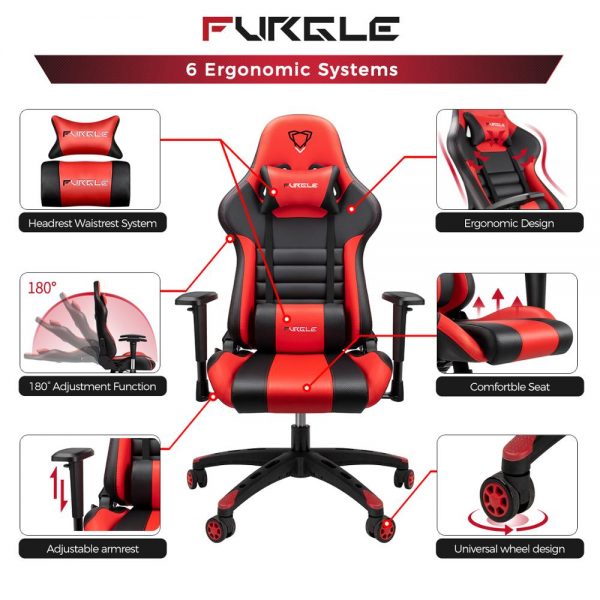 Furgle Gaming Office Chairs 180 Degree Reclining Computer Chair Comfortable Executive Computer Seating Racer Recliner PU Leather