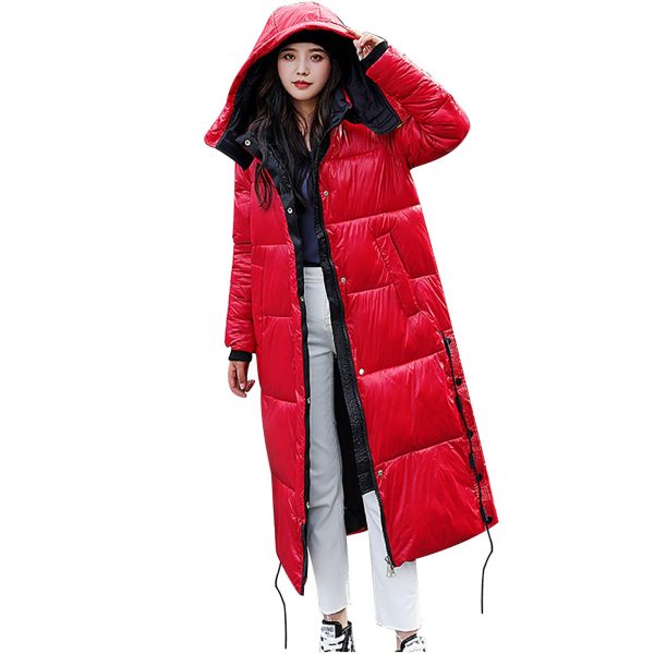 Women's Winter Fashion Glossy Long Over-The-Knee Hooded Thick Padded Jacket Coat Hooded padded warm padded jacket