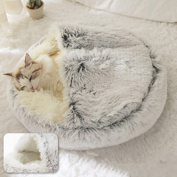 Hot Plush Round Cat Bed Cat Warm House Soft Long Plush Pet Dog Bed For Small Dogs Cat Nest 2 In 1 Pet Bed Cushion Sleeping Sofa