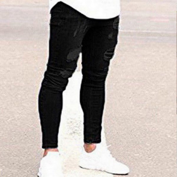 Oeak Mens Solid Color Jeans 2019 New Fashion Slim Pencil Pants Sexy Casual Hole Ripped Design Streetwear