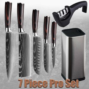 7 piece Kitchen Knife Set Japanese Damascus Pattern Chef's Knife with Accessory Knife Holder Knife Sharpener