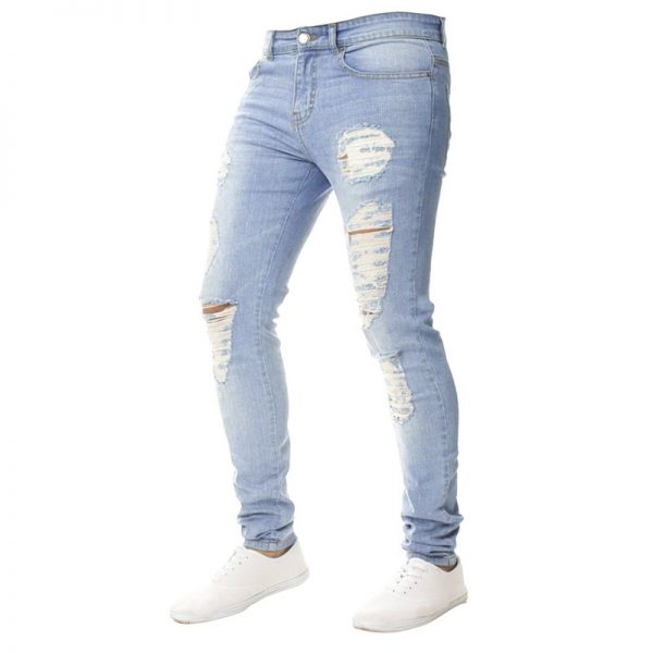 Oeak Mens Solid Color Jeans 2019 New Fashion Slim Pencil Pants Sexy Casual Hole Ripped Design Streetwear