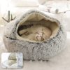 Hot Plush Round Cat Bed Cat Warm House Soft Long Plush Pet Dog Bed For Small Dogs Cat Nest 2 In 1 Pet Bed Cushion Sleeping Sofa