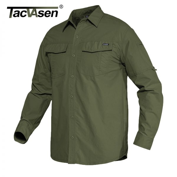 TACVASEN Summer Cargo Work Shirts Men Safari Military Tactical Shirts Long Sleeve Button Down Performance Shirts Airsoft Clothes