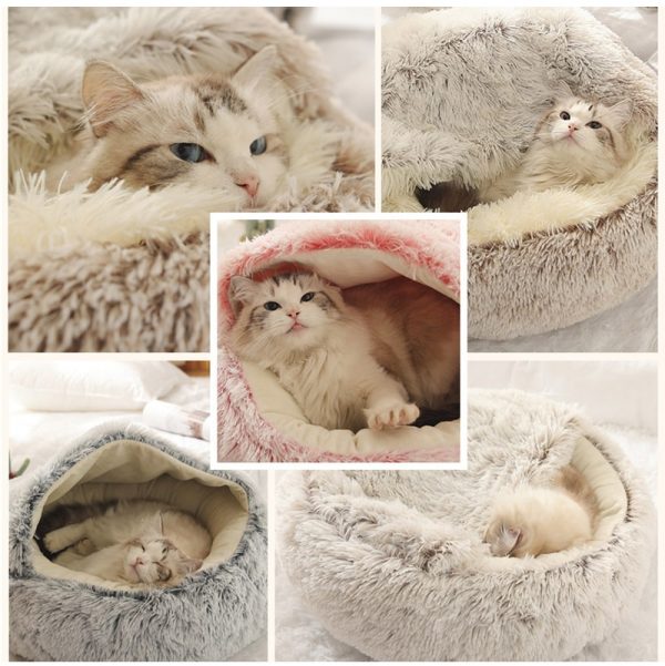 Hot Plush Round Cat Bed Cat Warm House Soft Long Plush Pet Dog Bed For Small Dogs Cat Nest 2 In 1 Pet Bed Cushion Sleeping Sofa