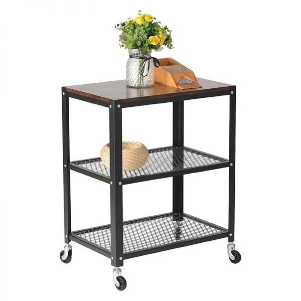 Modern Style Storage Rack with Wheels 3 Tiers Storage Shelf Steel Movable Shelf Display Rack, Black/Brown