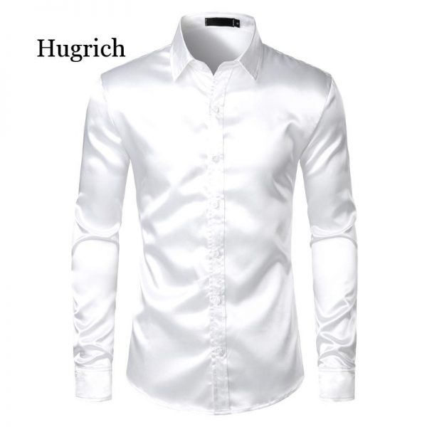 Men's Black Satin Luxury 2021 Silk Smooth Men Tuxedo Slim Fit Wedding Party Prom Casual Shirt Chemise Homme