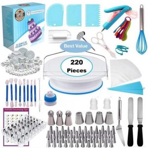 220 Pcs/Set DIY Cake Decorating Baking Stainless Steel Cream Nozzle Piping-nozzles Silicone Pastry Bag Kit Reusable for Kitchen