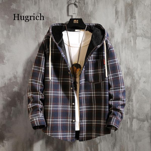 Winter 2021 New Original Plaid Japanese Casual Plaid Hooded with Fleece and Thickened Warm Shirt