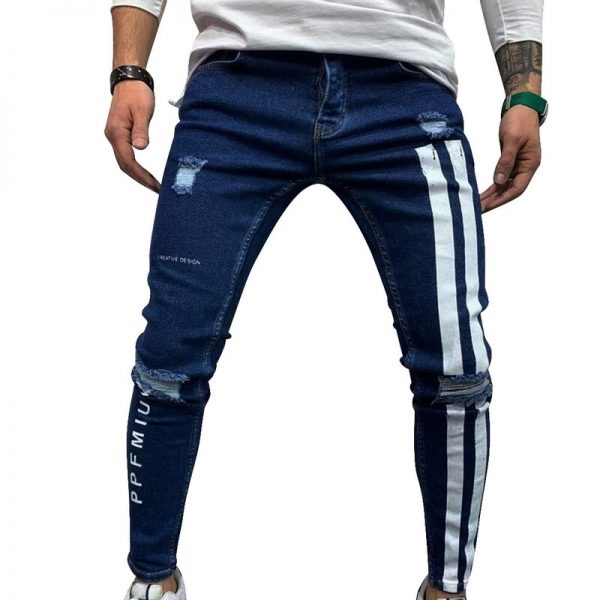 Laamei Trendy Men Skinny Jeans Biker Destroyed Frayed Fit Denim Ripped Denim Pants Side Stripe Pencil Pants Hip Streetwear