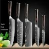 7 piece Kitchen Knife Set Japanese Damascus Pattern Chef's Knife with Accessory Knife Holder Knife Sharpener