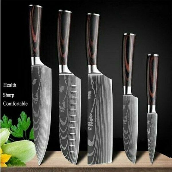 7 piece Kitchen Knife Set Japanese Damascus Pattern Chef's Knife with Accessory Knife Holder Knife Sharpener