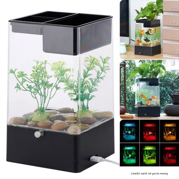 USB Self-cleaning Fish Tank Small Acrylic Goldfish Tank Desktop Transparent Bucket Fish Tank Ecological Bare Cylinder Decor Gift