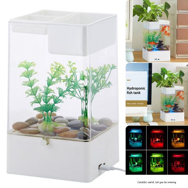 USB Self-cleaning Fish Tank Small Acrylic Goldfish Tank Desktop Transparent Bucket Fish Tank Ecological Bare Cylinder Decor Gift